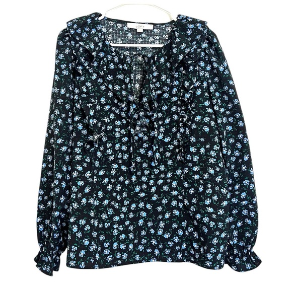2/$25 LOFT - Blue Floral Long Sleeve Blouse with Ruffle Detail - Picture 1 of 9